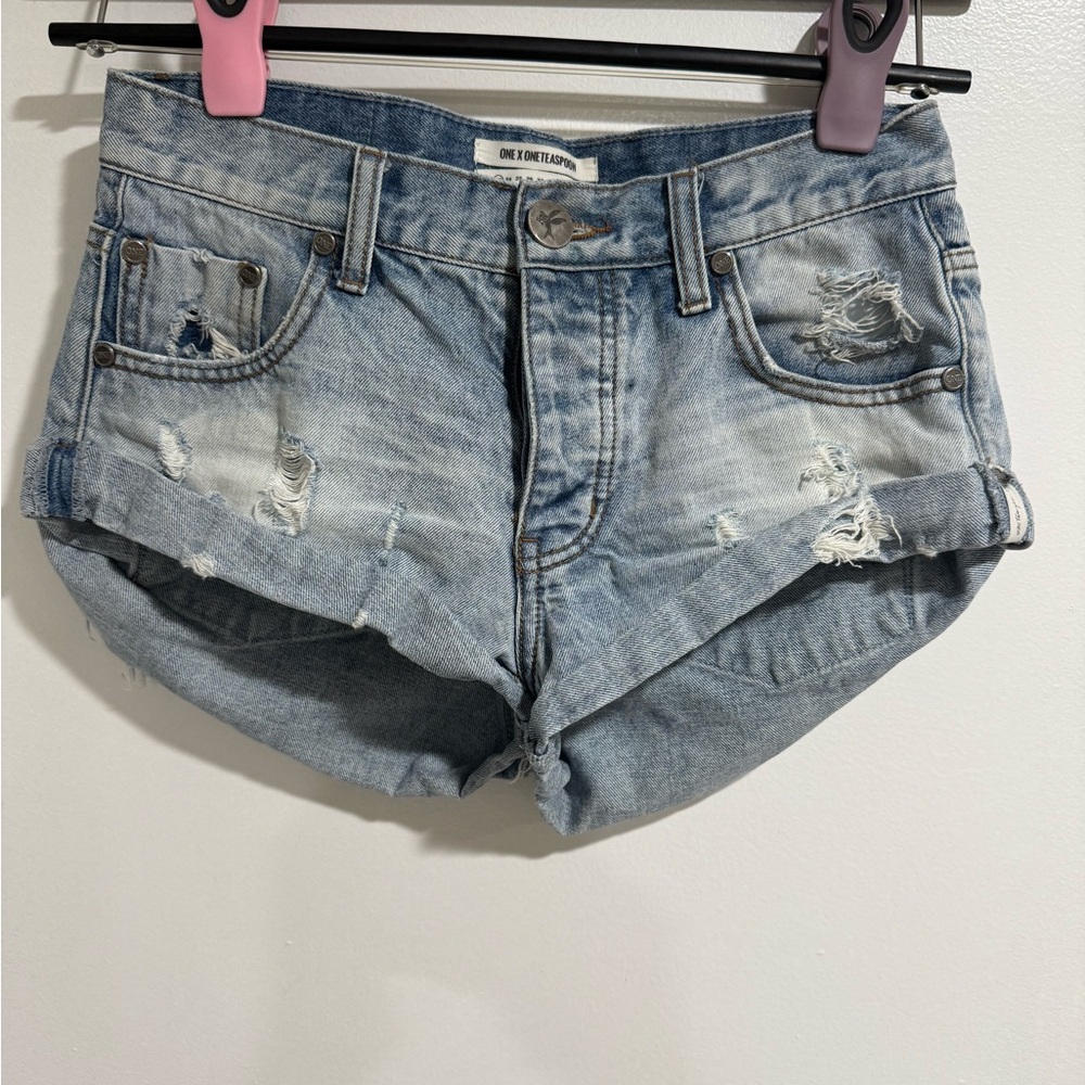 One Teaspoon Light Blue Distressed Jean Shorts
